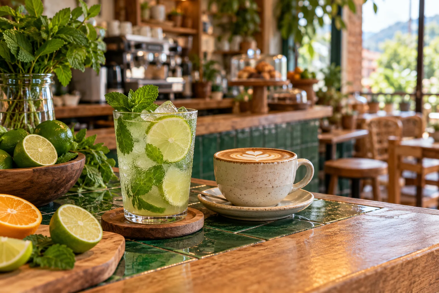 Escena ilustrativa de una cafetería: café, bebida de limón y menta e ingredientes frescos.