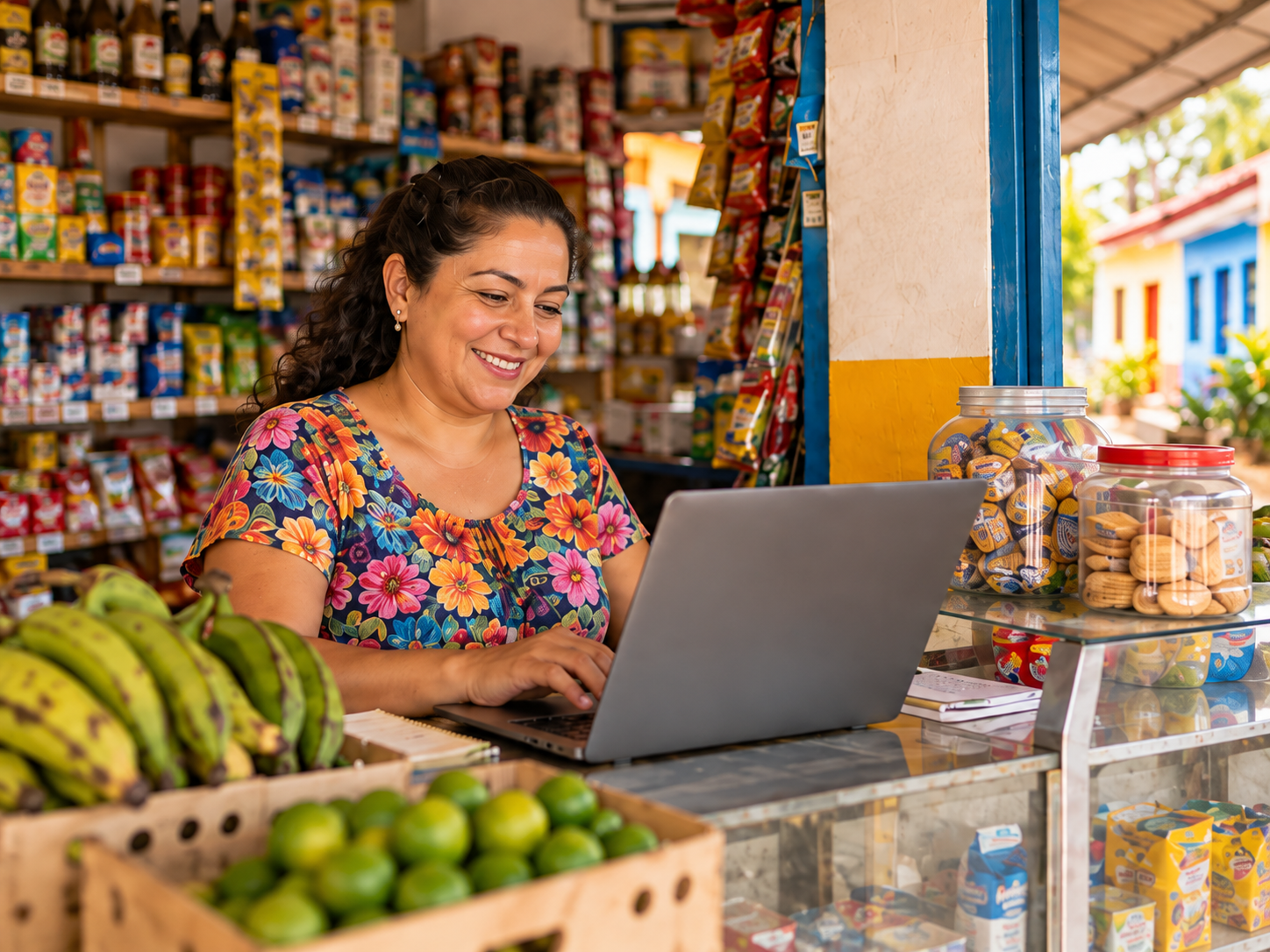 Escena ilustrativa de una comerciante trabajando con su portátil en una tienda de barrio colombiana