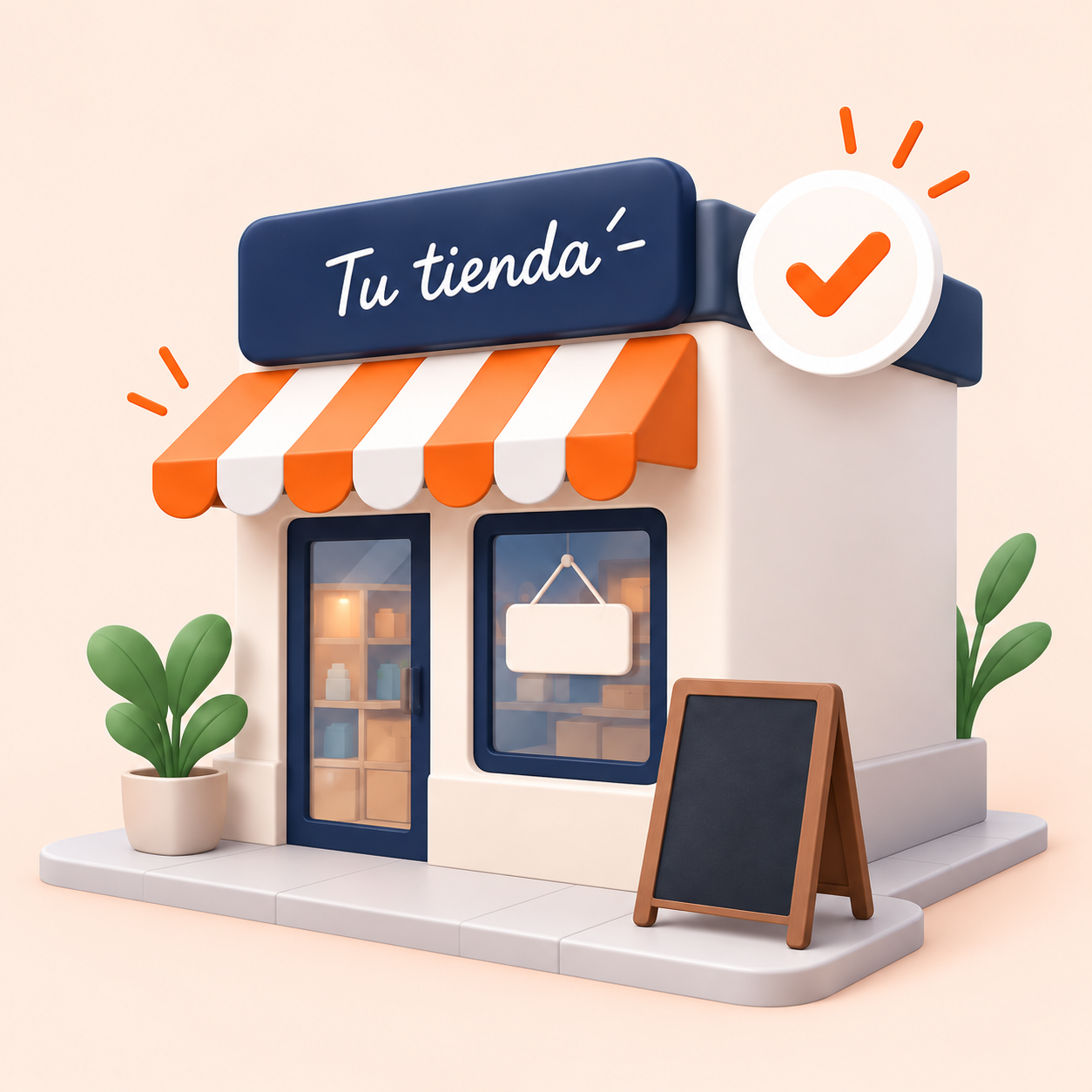 Tienda ilustrada con toldo naranja y una marca de confirmación